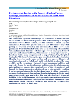 Persian-Arabic Poetics in the Context of Indian Poetics: Readings, Recoveries and Re-Orientations in South Asian Literatures