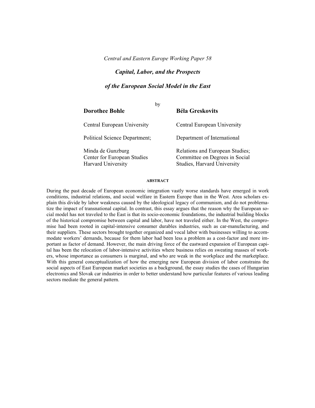 Capital, Labor, and the Prospects of the European Social Model in The