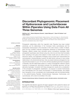 Discordant Phylogenomic Placement of Hydnoraceae and Lactoridaceae Within Piperales Using Data from All Three Genomes