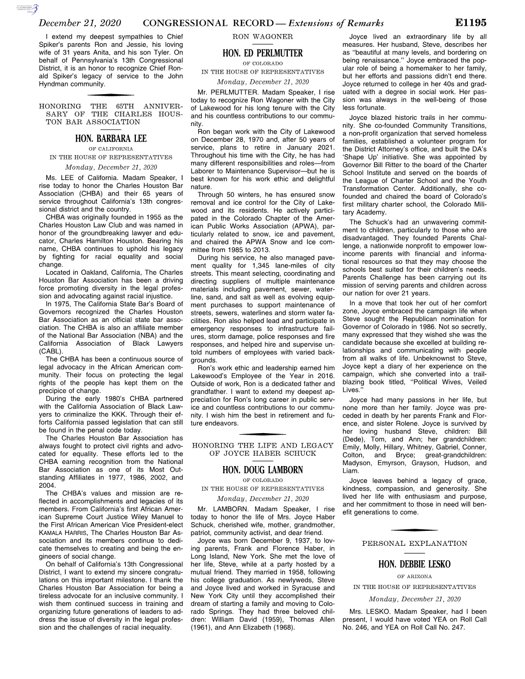 CONGRESSIONAL RECORD— Extensions of Remarks E1195 HON. BARBARA LEE HON. ED PERLMUTTER HON. DOUG LAMBORN HON. DEBBIE LESKO