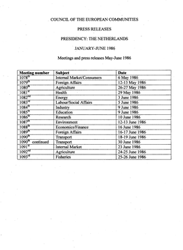 THE NETHERLANDS JANUARY-JUNE 1986 Meetings
