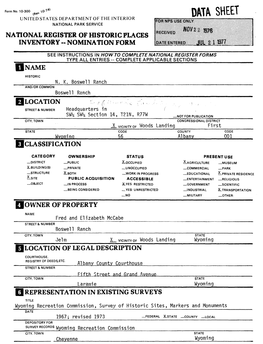 Data Sheet United States Department of the Interior National Park Service National Register of Historic Places Inventory -- Nomination Form