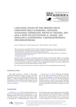 Land Snail Fauna of the Mekong Delta Limestone Hills (Cambodia, Vietnam): Notharinia Vermeulen, Phung Et Truong, 2007, and a Note on Plectostoma A