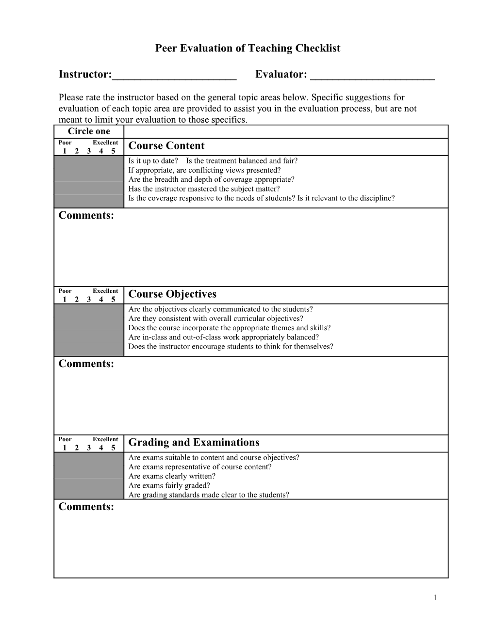 Peer Evaluation of Teaching Checklist