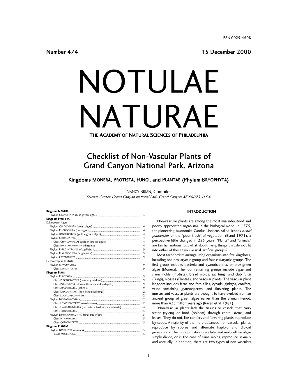 Checklist of Non-Vascular Plants of Grand Canyon National Park, Arizona