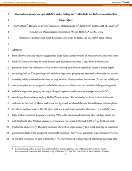 1 Alexandrium Fundyense Cyst Viability and Germling Survival in Light Vs