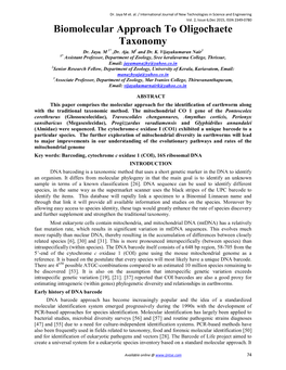 Biomolecular Approach to Oligochaete Taxonomy Dr