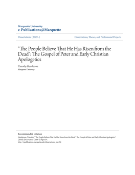 The Gospel of Peter and Early Christian Apologetics Timothy Henderson Marquette University