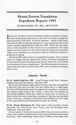 Mount Everest Foundation Expedition Reports 1995 SUMMARISED by BILL RUTHVEN