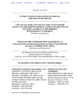 Case No. 14-15139 in the UNITED STATES COURT of APPEALS for the NINTH CIRCUIT CITY of SAN JOSÉ; CITY of SAN JOSÉ AS SUCCESSOR
