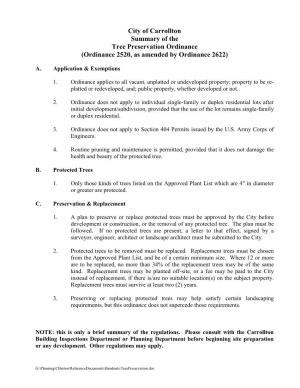 City of Carrollton Summary of the Tree Preservation Ordinance (Ordinance 2520, As Amended by Ordinance 2622)