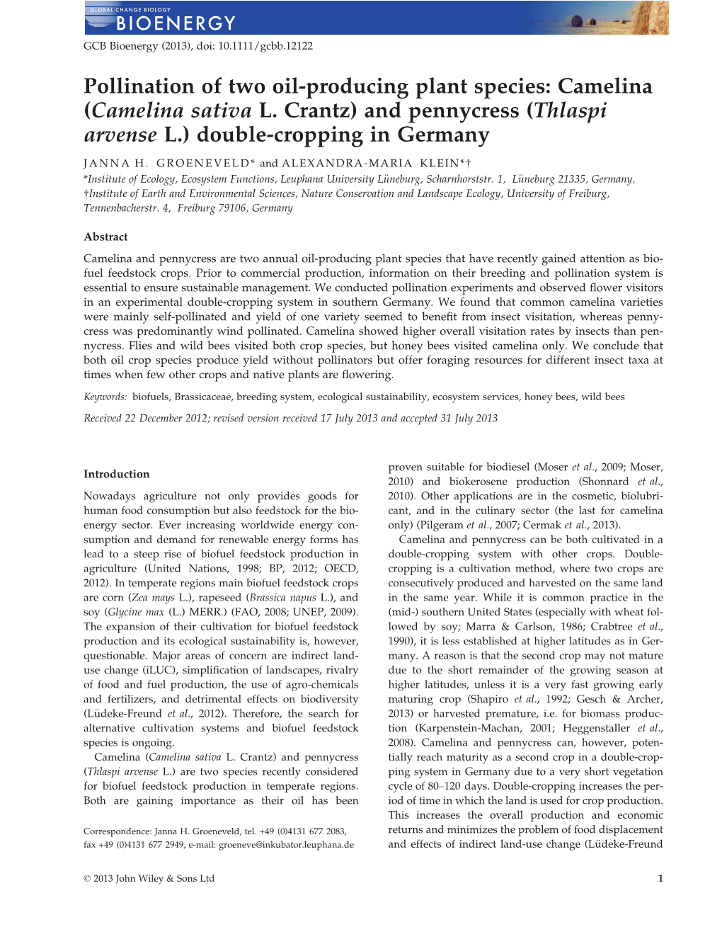 Pollination of Two Oilproducing Plant Species: Camelina (Camelina