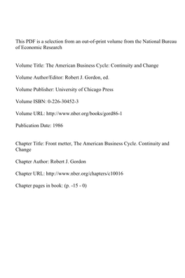 Front Metter, the American Business Cycle. Continuity and Change