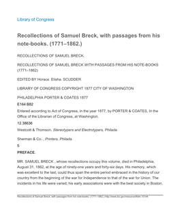 Recollections of Samuel Breck, with Passages from His Note-Books. (1771–1862.)