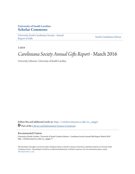 Caroliniana Society Annual Gifts Report - March 2016 University Libraries--University of South Carolina