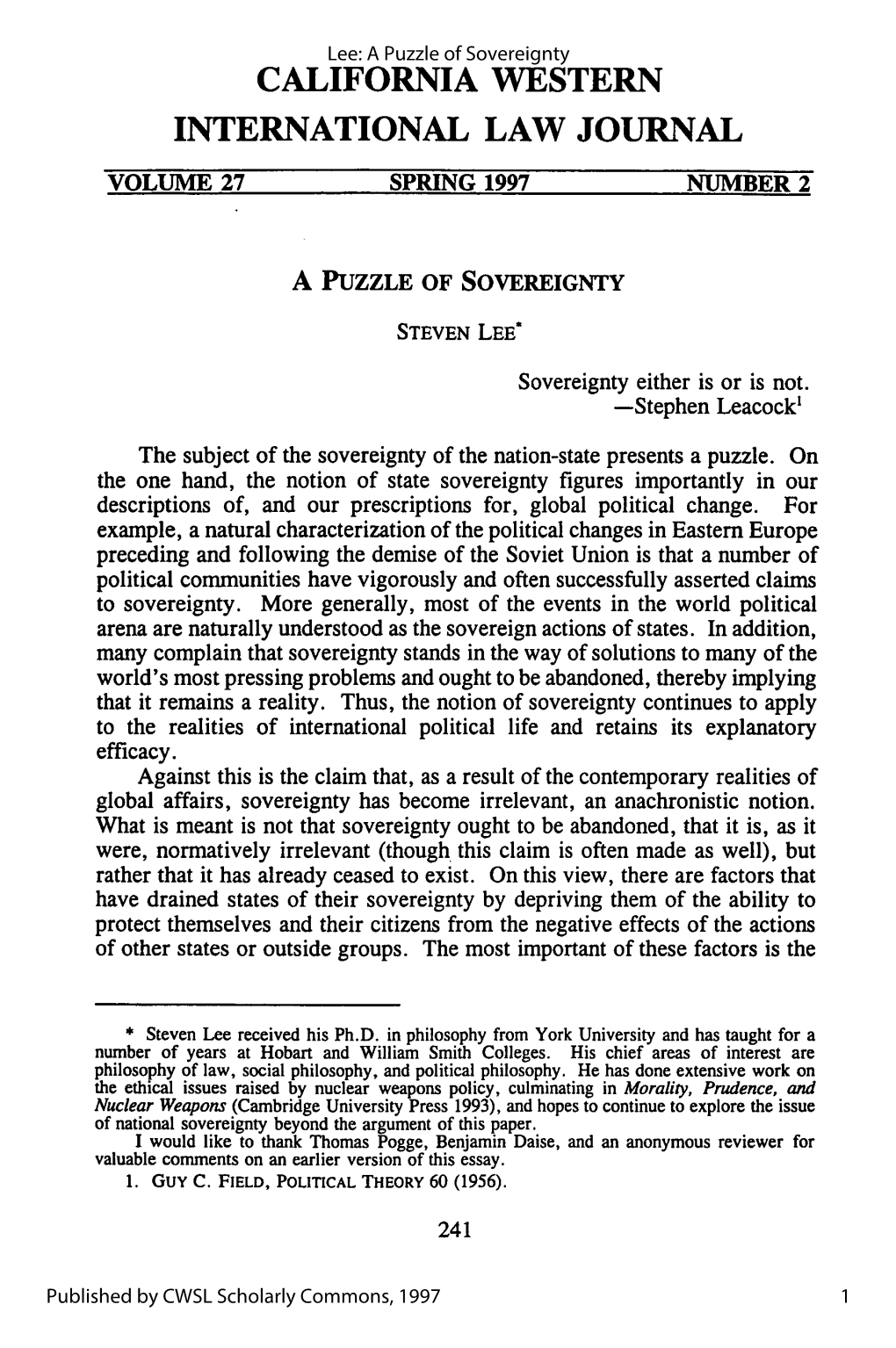 A Puzzle of Sovereignty CALIFORNIA WESTERN INTERNATIONAL LAW JOURNAL