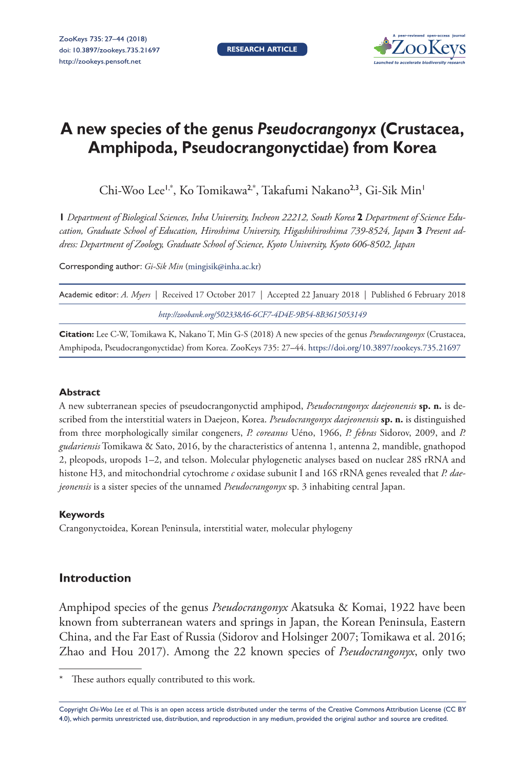 A New Species of the Genus Pseudocrangonyx (Crustacea, Amphipoda, Pseudocrangonyctidae) from Korea