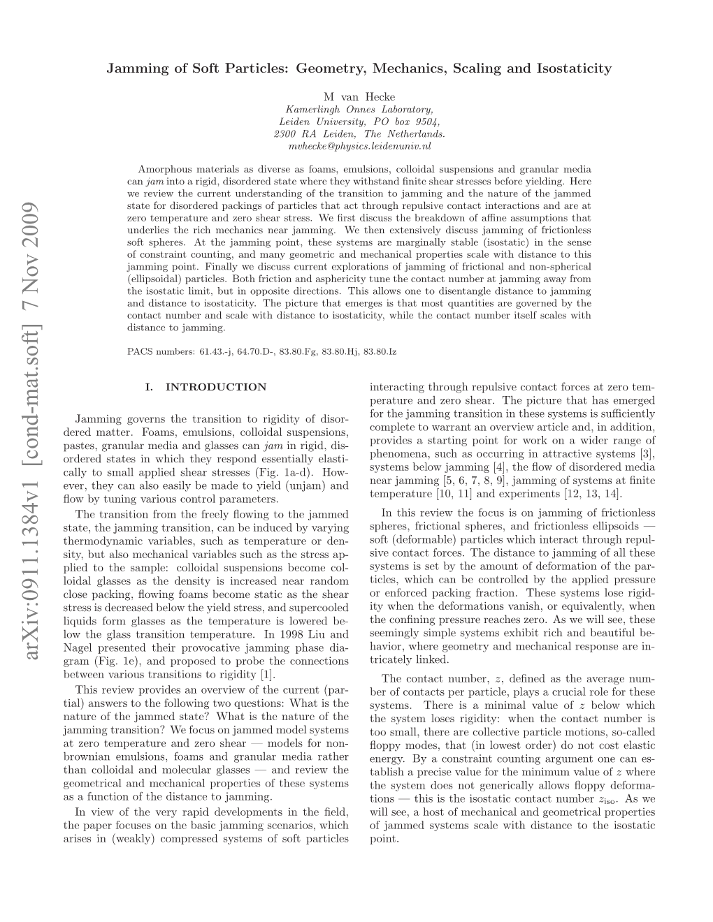 Arxiv:0911.1384V1 [Cond-Mat.Soft] 7 Nov 2009 Ats Rnlrmdaadgasscan Glasses Suspensions, and Colloidal Media Emulsions, Granular Pastes, Foams, Matter