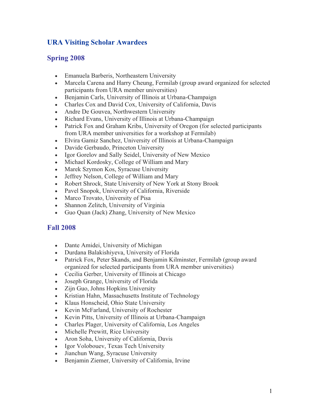 URA Visiting Scholar Awardees