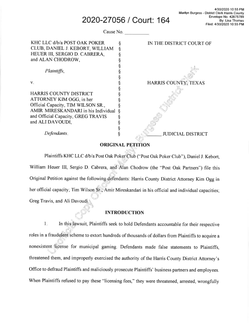 2020-27056 / Court: 164 By: Lisa Thomas Filed: 413012020 1 0:55 PM