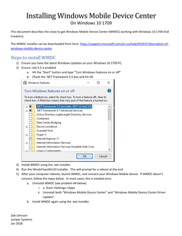 Installing Windows Mobile Device Center on Windows 10 1709