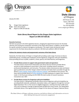 State Library Board Report to the Oregon State Legislature Report on ORS 357.026 (9)