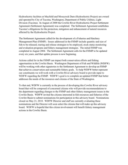 Cowlitz River Advisory Board to Provide Input to WDFW Regarding the FHMP