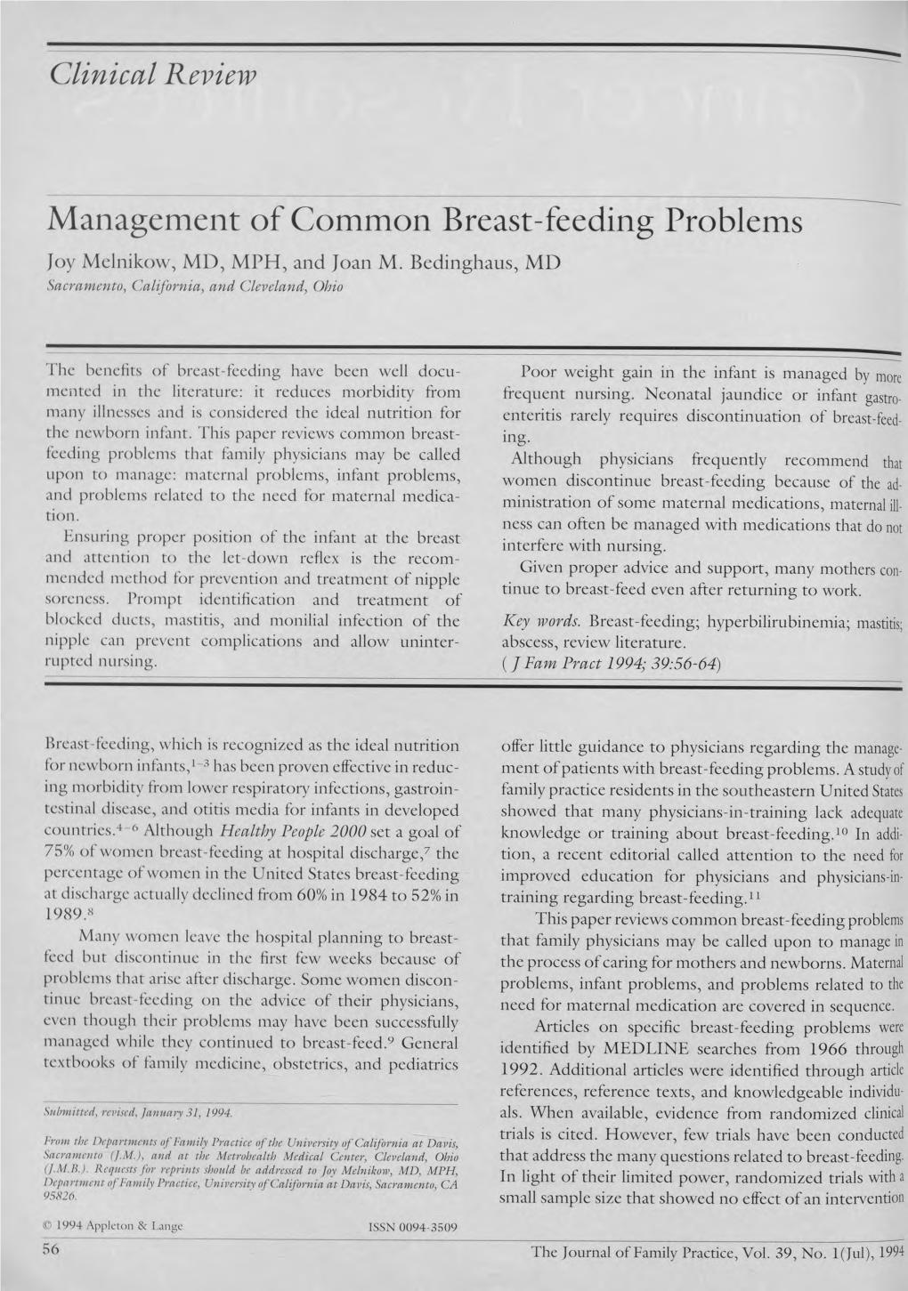 Management of Common Breast-Feeding Problems Joy Melnikow, Ml), MPH, and Joan M