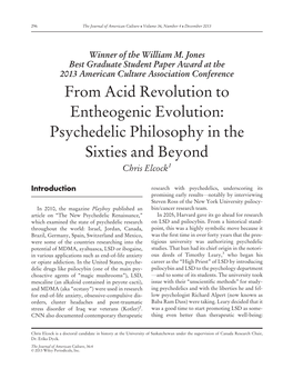 From Acid Revolution to Entheogenic Evolution: Psychedelic Philosophy in the Sixties and Beyond : Winner of the William M. Jones