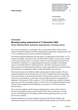 Monetary Policy Assessment of 17 December 2020 Swiss National Bank Maintains Expansionary Monetary Policy