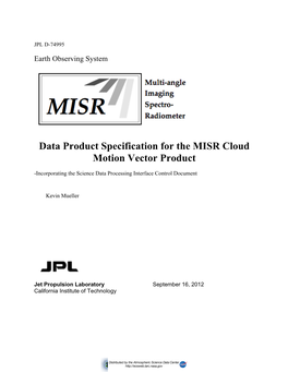 Data Product Specification for the MISR Cloud Motion Vector Product