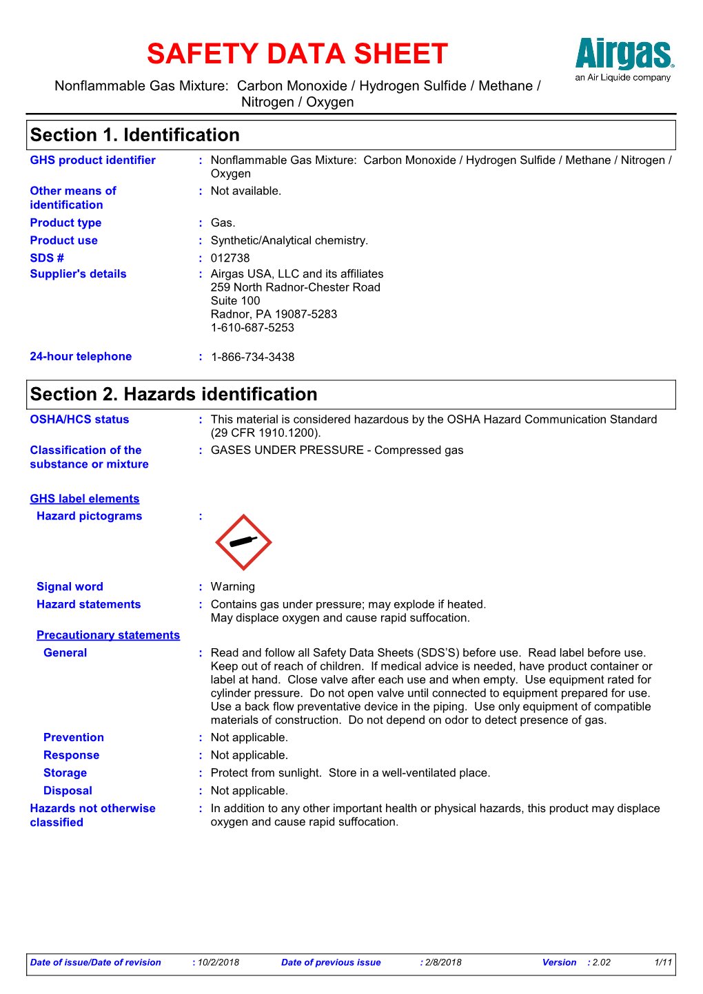 SAFETY DATA SHEET Nonflammable Gas Mixture: Carbon Monoxide / Hydrogen ...