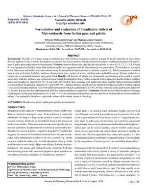 Formulation and Evaluation of Bioadhesive Tablets of Metronidazole from Gellan Gum and Gelatin