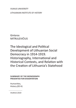 The Ideological and Political Development of Lithuanian Social Democracy in 1914-1919. Historiography, International and Histo