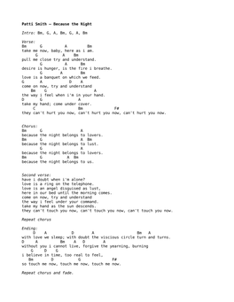 Patti Smith – Because the Night Intro: Bm, G, A, Bm, G, A, Bm Verse: Bm G a Bm Take Me Now, Baby, Here As I Am. G