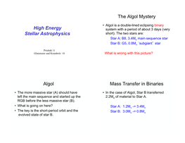 High Energy Stellar Astrophysics the Algol Mystery Algol Mass Transfer