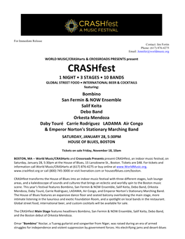 Crashfest 1 NIGHT • 3 STAGES • 10 BANDS GLOBAL STREET FOOD • INTERNATIONAL BEER & COCKTAILS Featuring