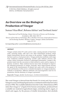 An Overview on the Biological Production of Vinegar Suman Vikas Bhat1, Rehana Akhtar1 and Tawheed Amin2