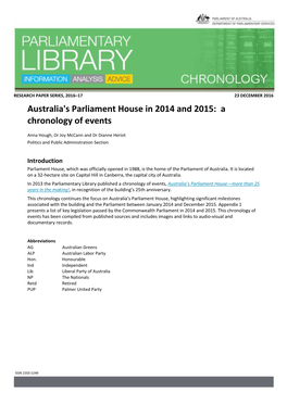 Australia's Parliament House in 2014 and 2015: a Chronology of Events