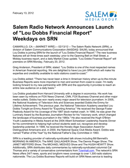Salem Radio Network Announces Launch of "Lou Dobbs Financial Report" Weekdays on SRN