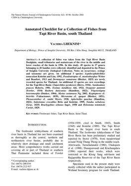 Annotated Checklist for a Collection of Fishes from Tapi River Basin, South Thailand