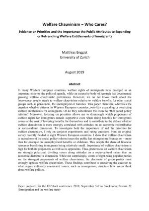 Welfare Chauvinism – Who Cares? Evidence on Priorities and the Importance the Public Attributes to Expanding Or Retrenching Welfare Entitlements of Immigrants