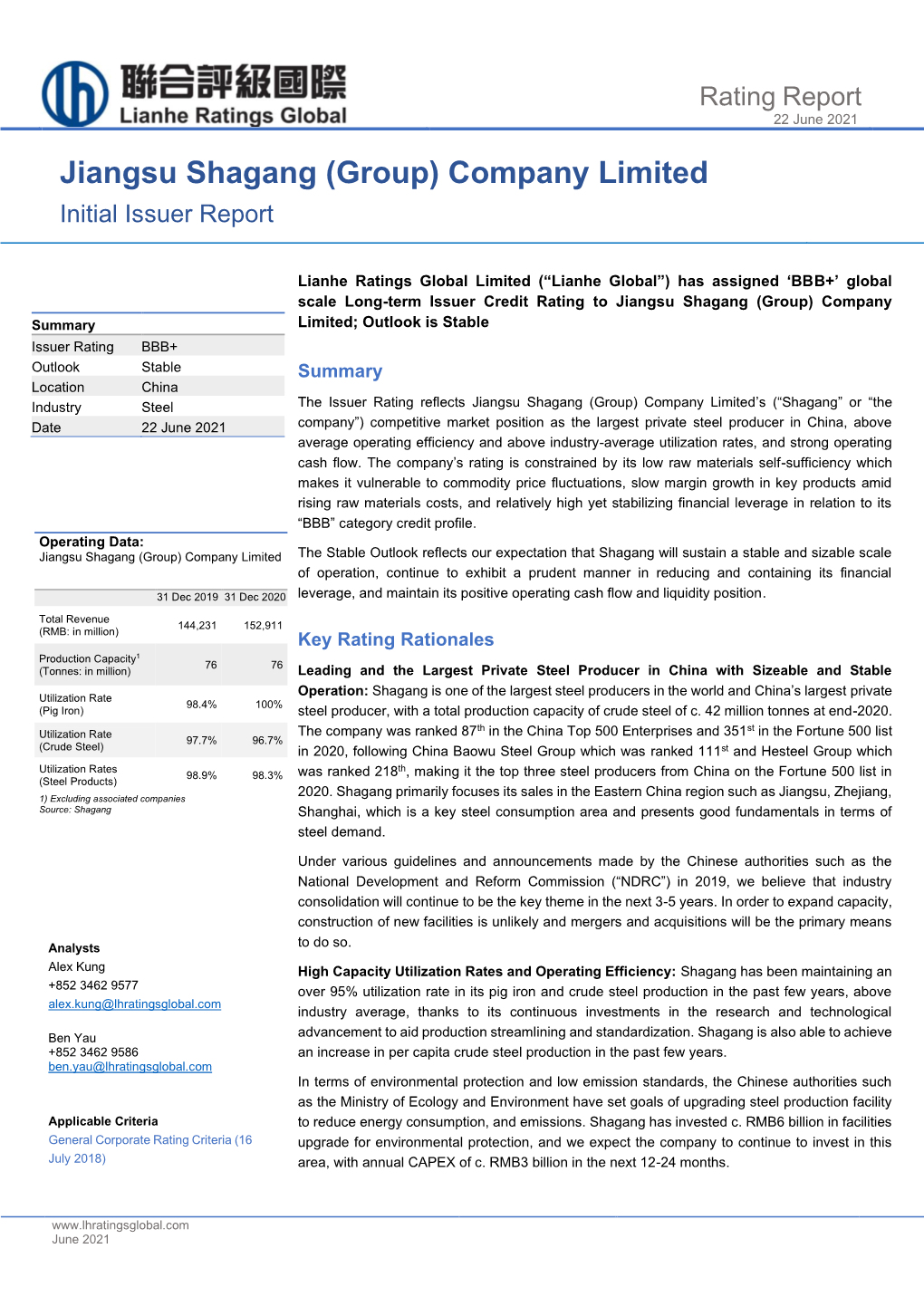 Jiangsu Shagang (Group) Company Limited Initial Issuer Report