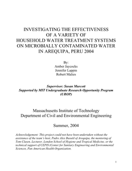 Investigating the Effectiveness of a Variety of Household Water Treatment Systems on Microbially Contaminated Water in Arequipa, Peru 2004