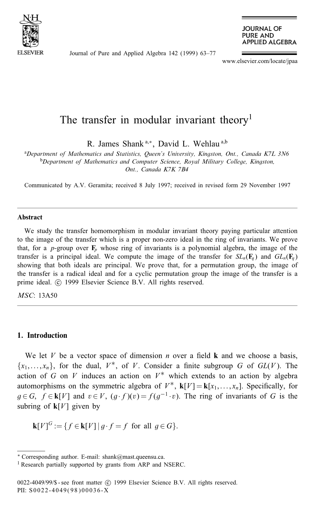 The Transfer in Modular Invariant Theory1