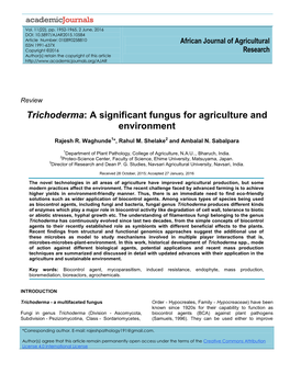 Trichoderma: a Significant Fungus for Agriculture and Environment