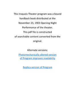 This Iroquois Theater Program Was a Bound Hardback Book Distributed at the November 23, 1903 Opening Night Performance of the Theater