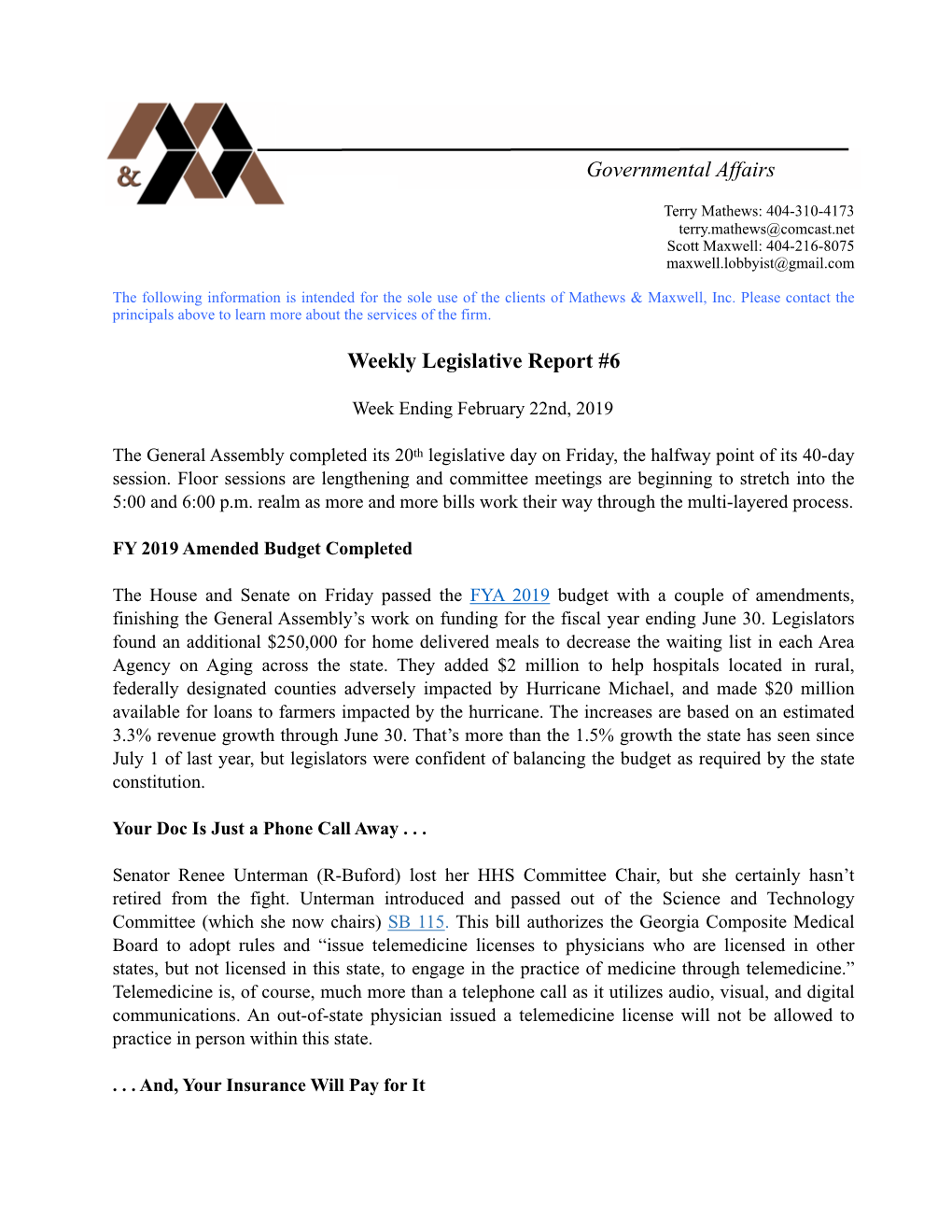 Weekly Legislative Report #6 02-22-19