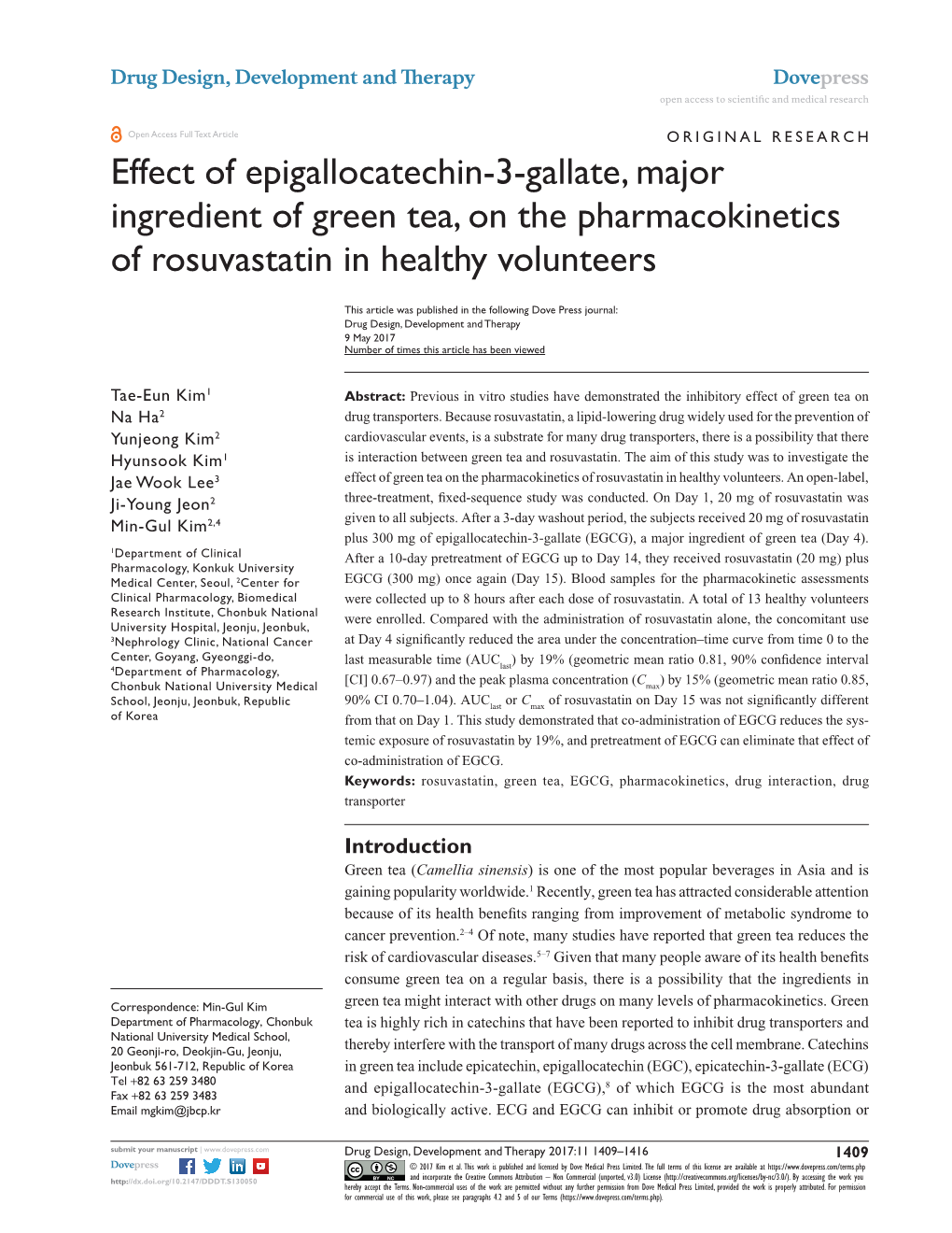 Effect of Epigallocatechin-3-Gallate, Major Ingredient of Green Tea, on the Pharmacokinetics of Rosuvastatin in Healthy Volunteers