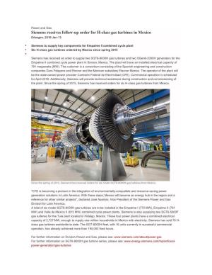 Siemens Receives Follow-Up Order for H-Class Gas Turbines in Mexico Erlangen, 2016-Jan-13